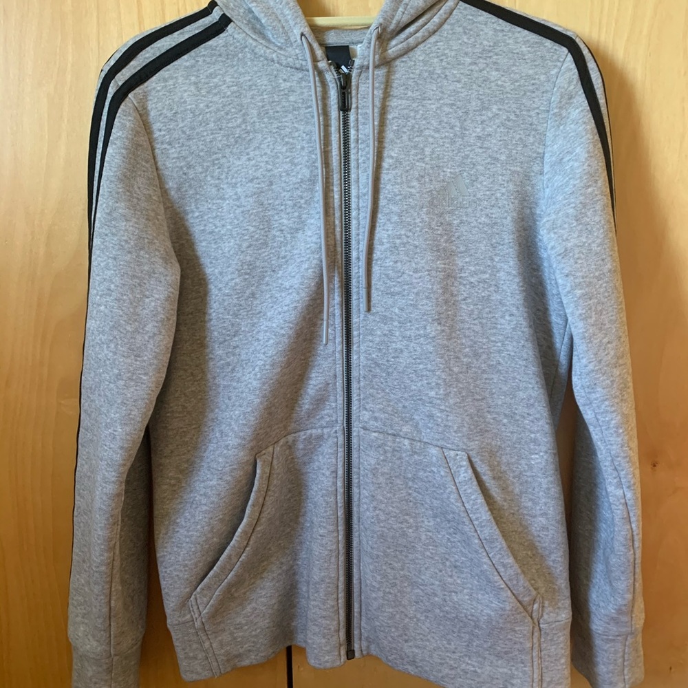 Adidas Gray Zip-Up Hoodie with Black Stripes
